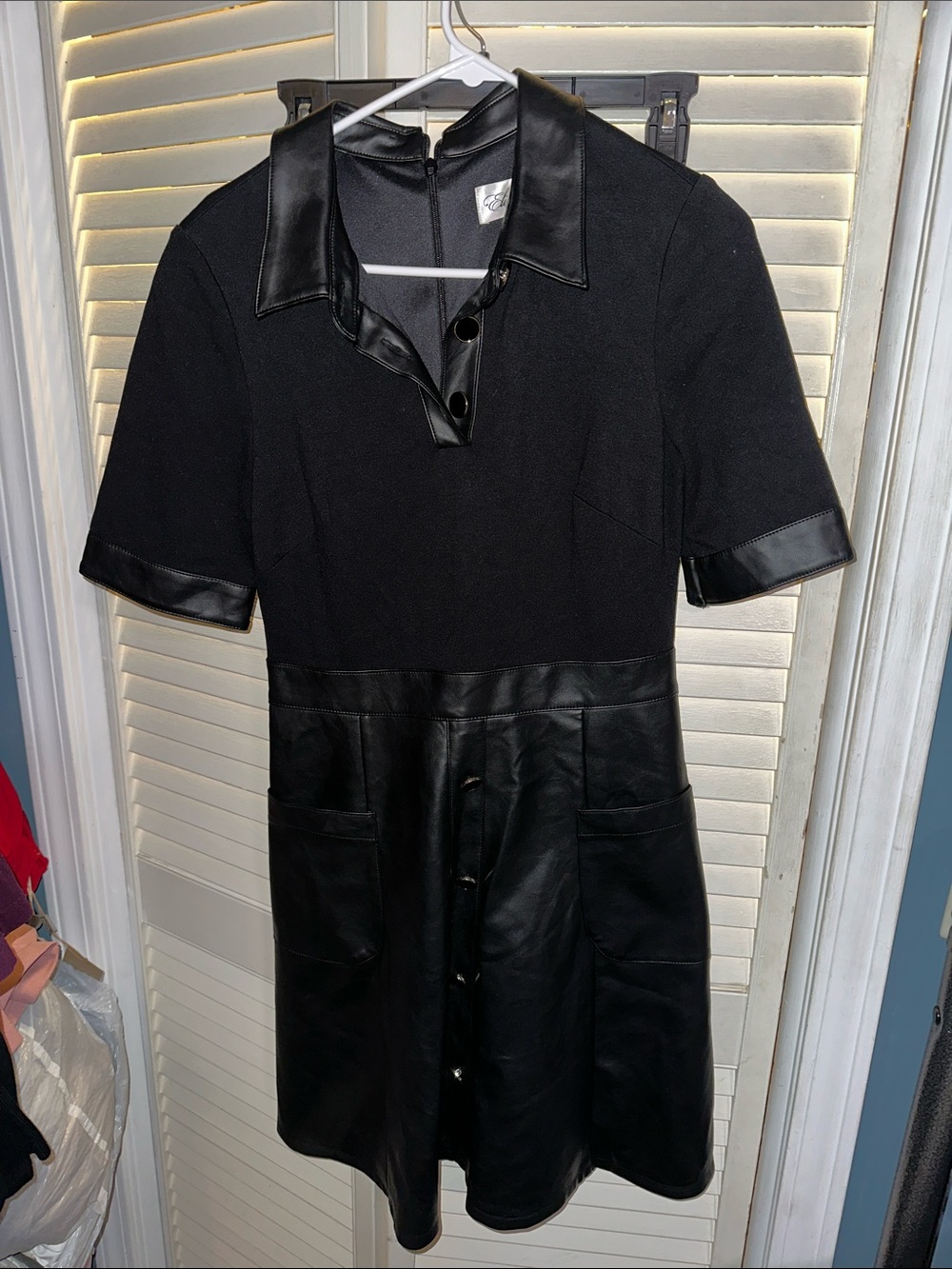 Eliza J Black Faux Leather-Trim Midi Shirt Dress